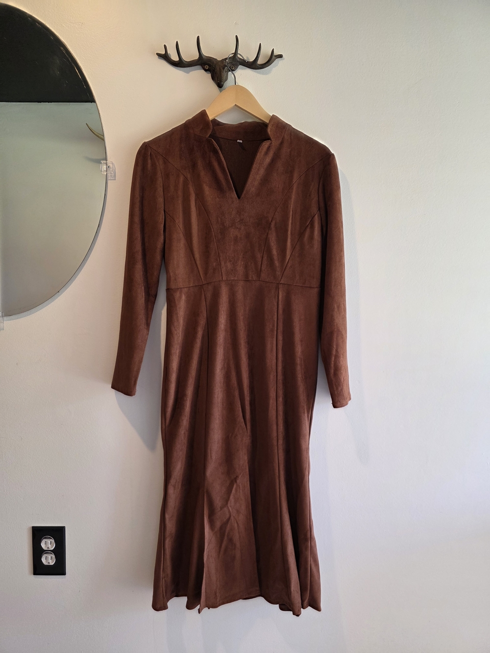 Faux Suede Long Sleeve V-Neck Dress With Slit